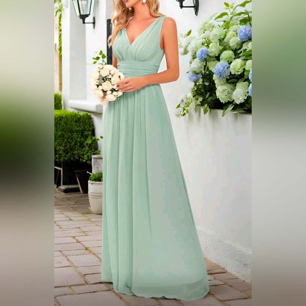 New Flowy Chiffon Pleated Waist V Neck Maxi Gown Dress Light Green